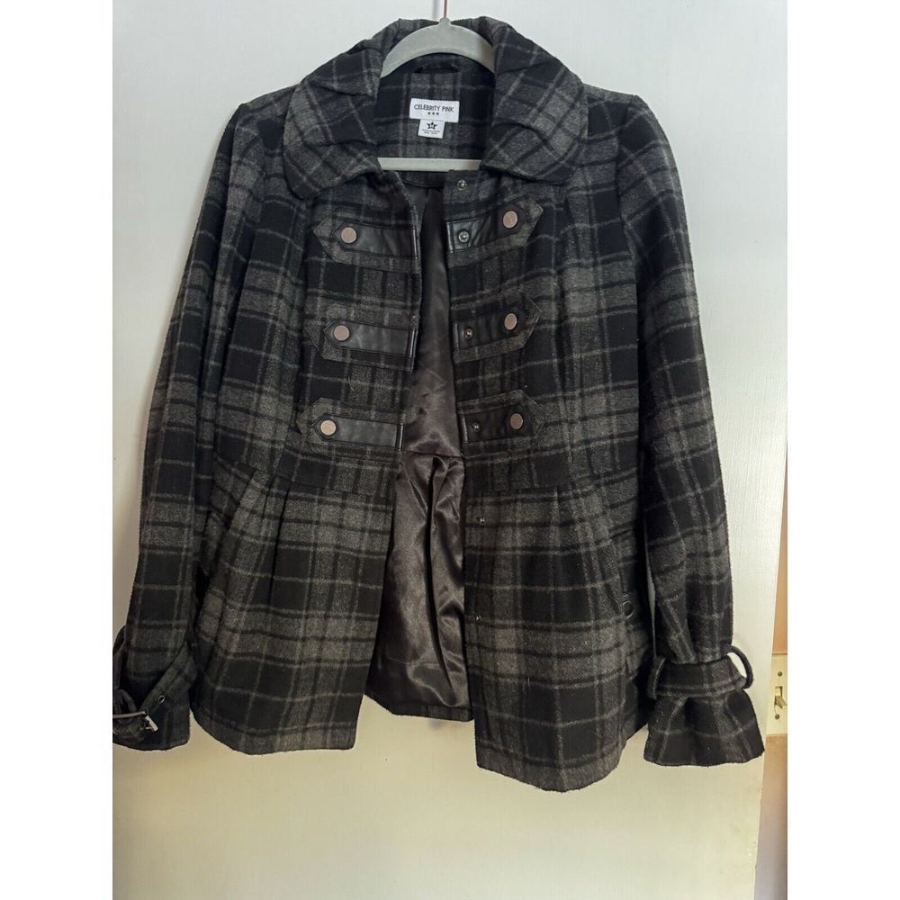 Celebrity Pink Plaid Lined Peacoat Jacket Coat Juniors Size Medium